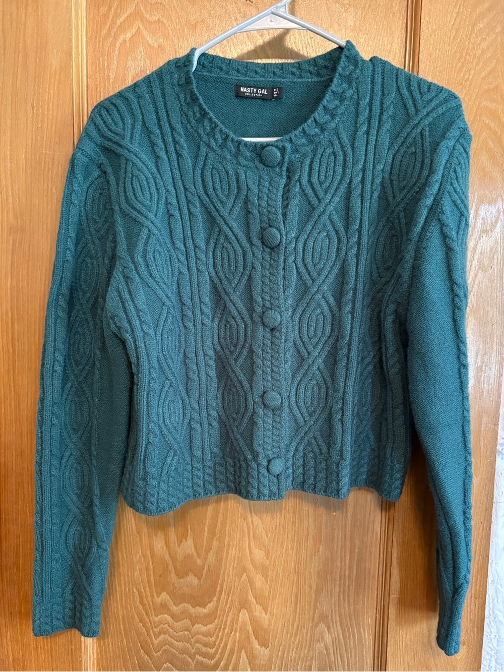 NASTY GAL Teal Cable-Pattern Button-Front Cropped Cardigan